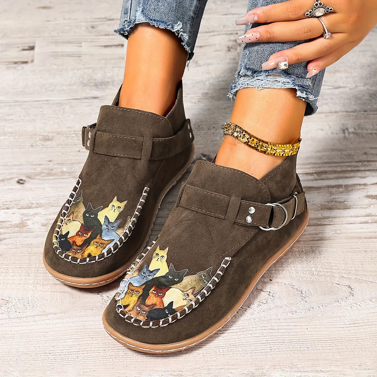 Annefleur - Mocassins femme imprimé chat à enfiler
