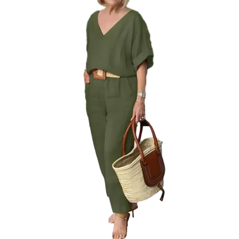 Loxaria™ - Ensemble femme haut col V pantalon poches style décontracté