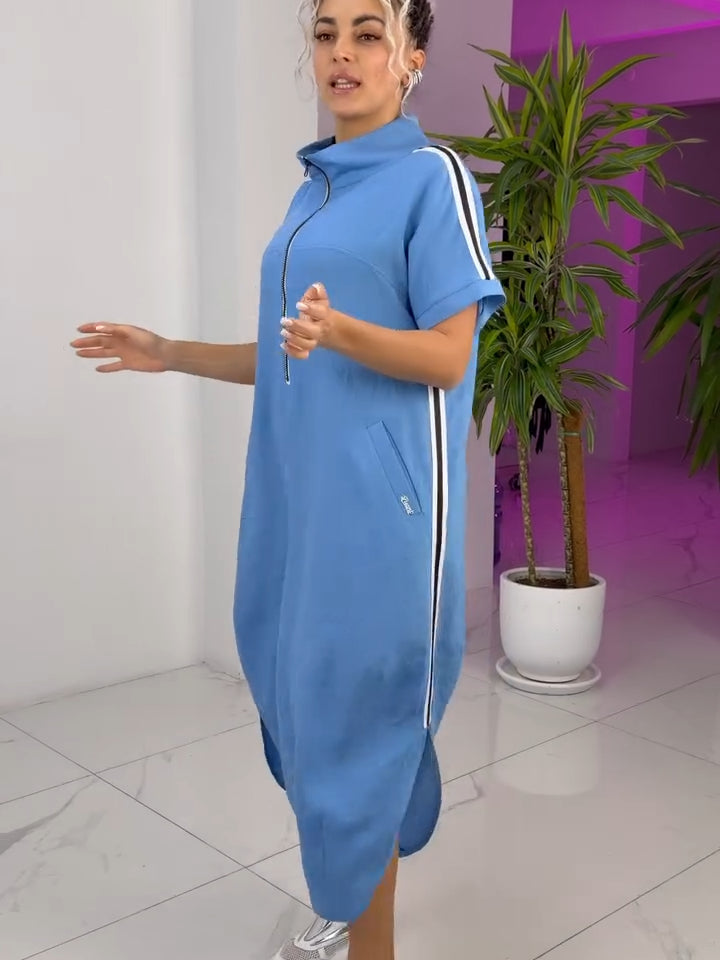 Gavrixa™ - Robe femme longue zippée col montant coupe fluide style sport chic confortable