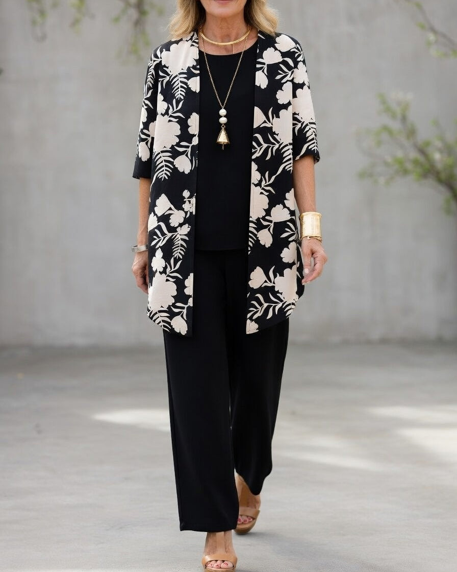 Sabrina™ - Ensemble Femme Trois Pièces Élégant Cardigan Fluide Haut Et Pantalon Large