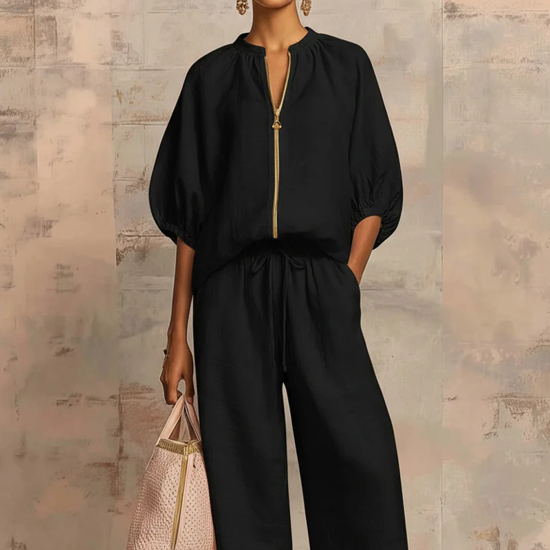 Calyndra - Ensemble femme deux pièces uni avec haut zippé et pantalon large