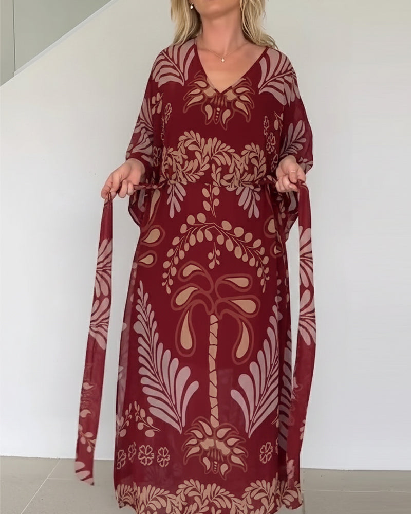 Praxellea™ - Robe bohème femme maxi ample col V imprimé feuilles élégant