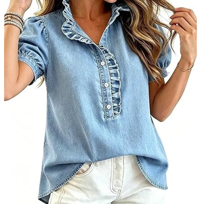 Caelith - Haut femme en denim avec col volanté
