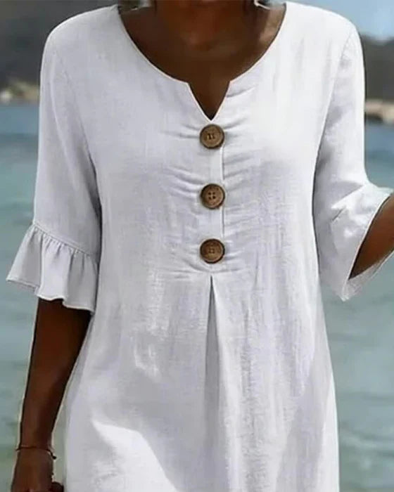 Beatrix™ - Robe Femme Coton Lin Coupe Fluide Boutons Manches Évasées Élégante