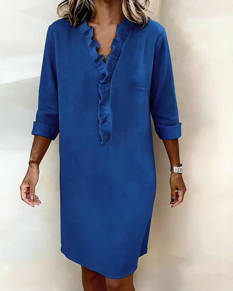 Ophivyn™ - Robe femme col V à volants coupe droite style décontracté