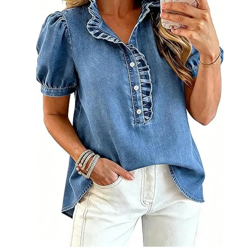 Caelith - Haut femme en denim avec col volanté