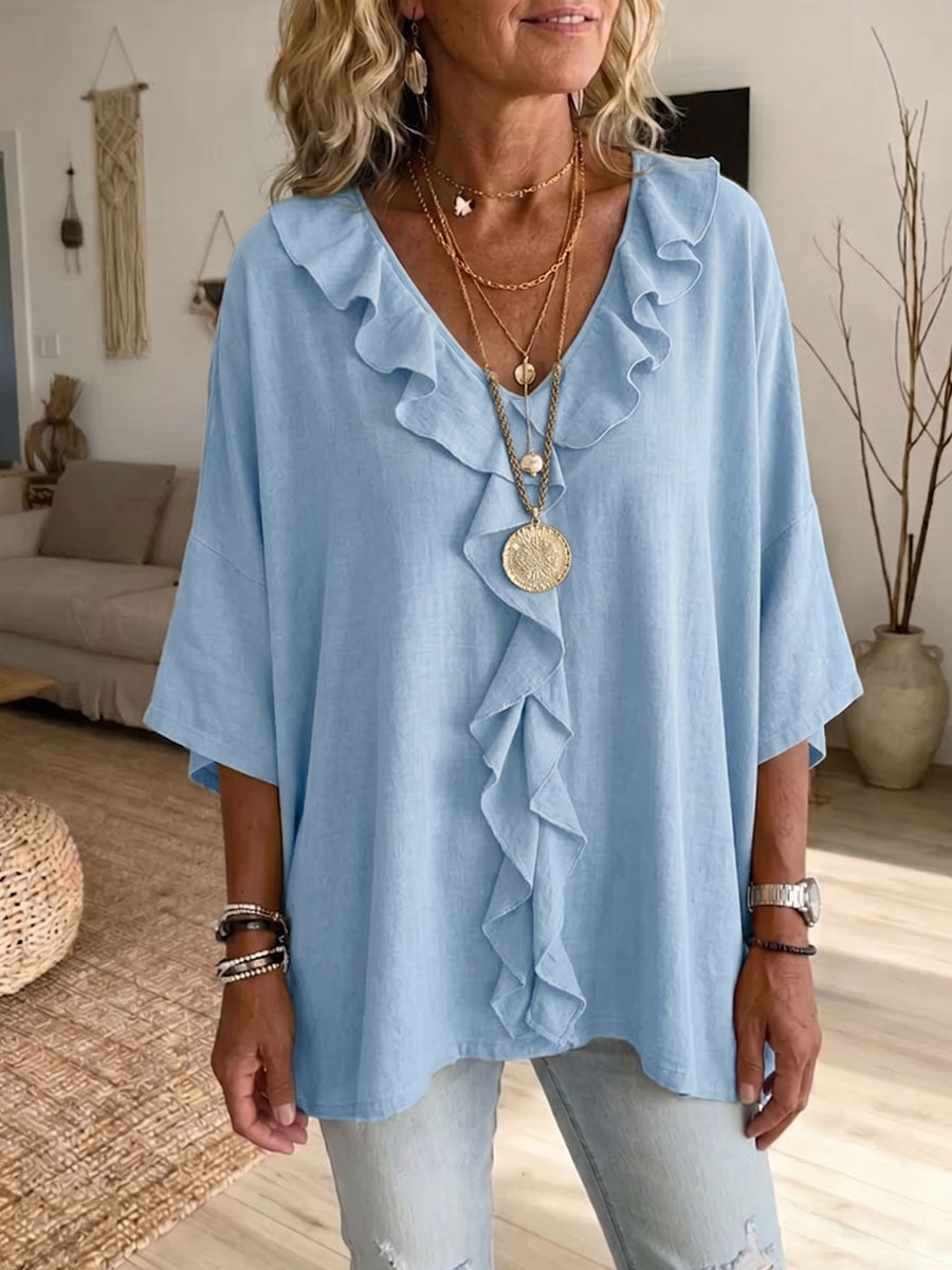 Hynorae™ - Top Femme Ample Col V Volants Léger Pour Quotidien Chic