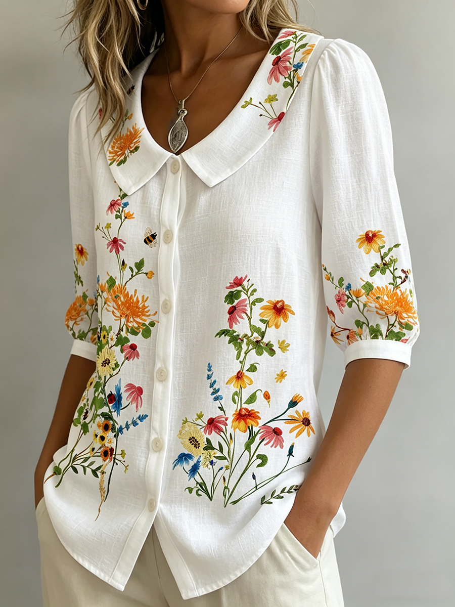 Mavessia™ - Chemise femme coton et lin imprimé floral artistique vintage
