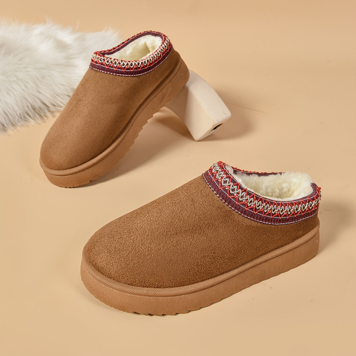 Ethnic-Inspired Slip-On Boots - Warm, Comfortable, Stylish, Faux Fur Lined, Low Heel, Black and Brown