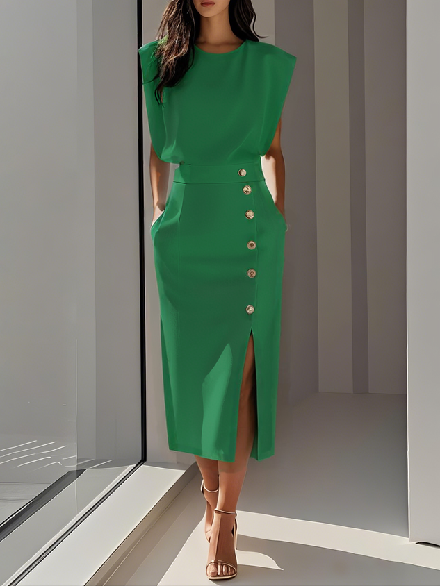 Floralia™ - Robe midi unie avec fente à boutons et décolleté rond