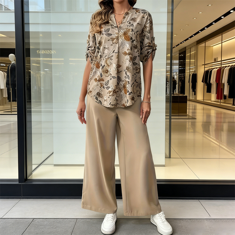 Cynellea™ - Ensemble femme chemisier floral pantalon fluide chic quotidien