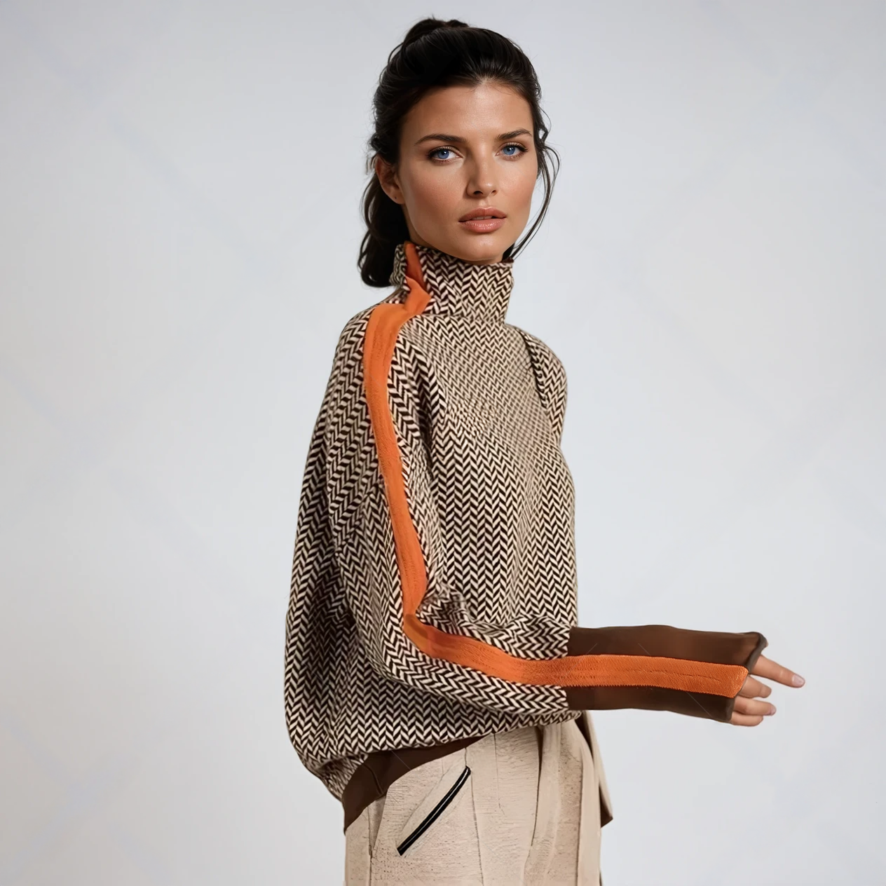 Marivelle™ - Pull à col montant pour femme avec rayures contrastées