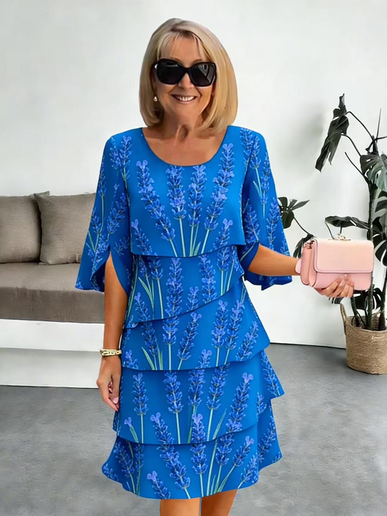 Elyvane™ - Robe femme mi-longue à volants imprimé floral manches fendues