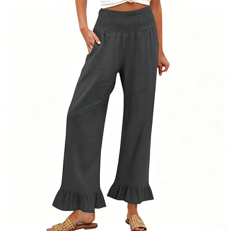 Dorexa™ - Pantalon femme taille haute smockée large coton lin boho