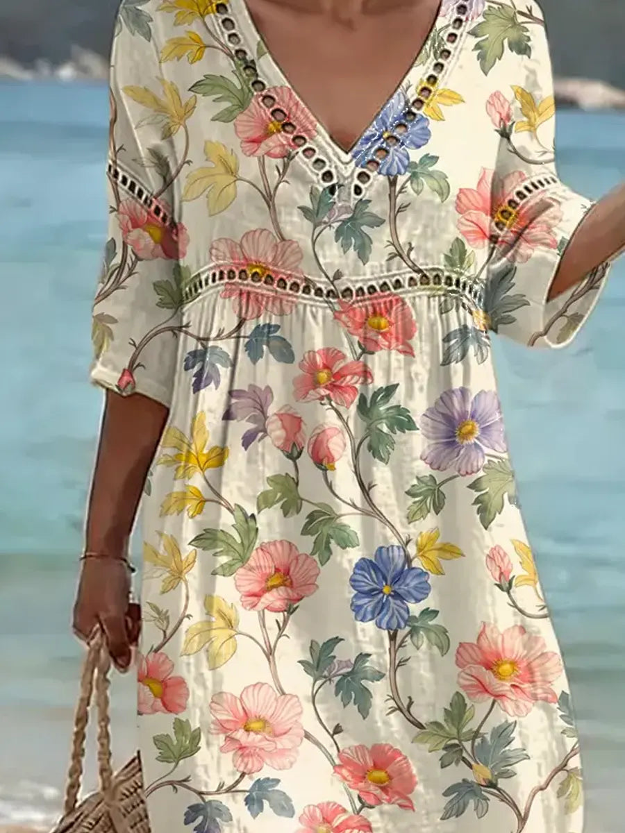 Althea - Robe midi femme coton-lin à imprimé floral