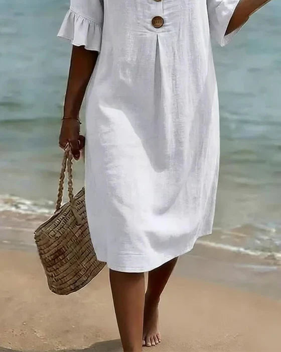 Beatrix™ - Robe Femme Coton Lin Coupe Fluide Boutons Manches Évasées Élégante