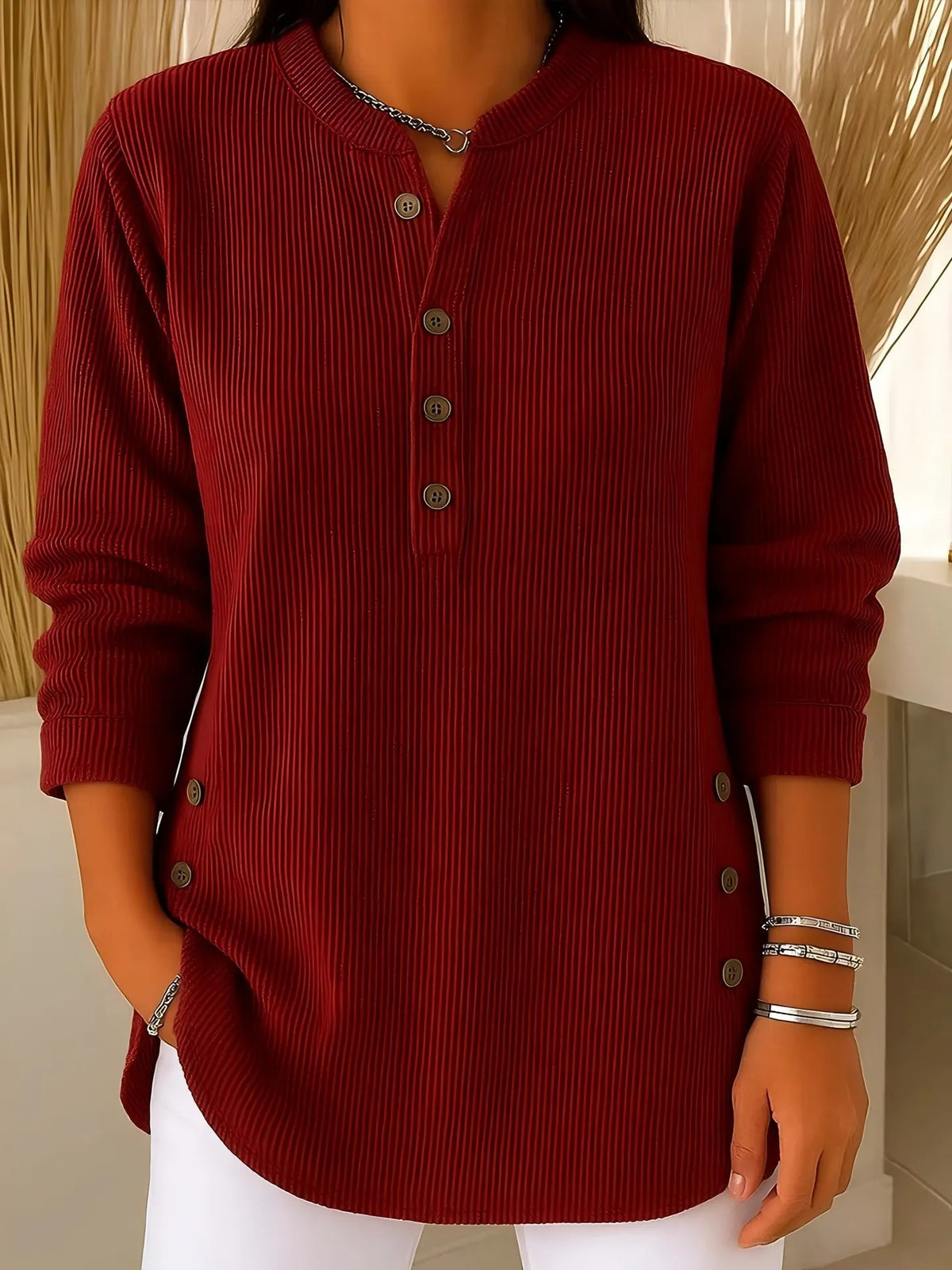 Noortje - Blouse femme texturée à boutons latéraux et manches longues
