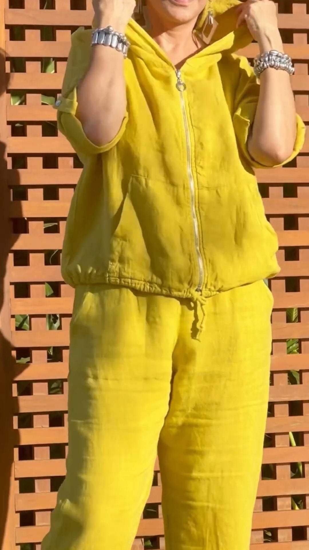 Elyraxa™ - Ensemble femme capuche zip coton lin coupe ample été