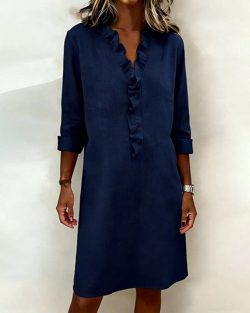 Ophivyn™ - Robe femme col V à volants coupe droite style décontracté