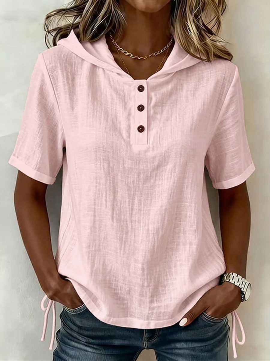 Aevrixa™ - Top femme à capuche fluide manches courtes boutons col ouvert style casual