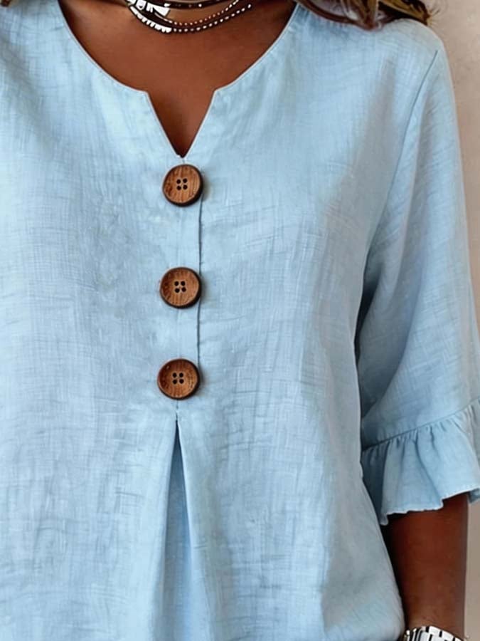 Tyvora™ - Blouse femme unie fluide manches volantées boutons bois style bohème