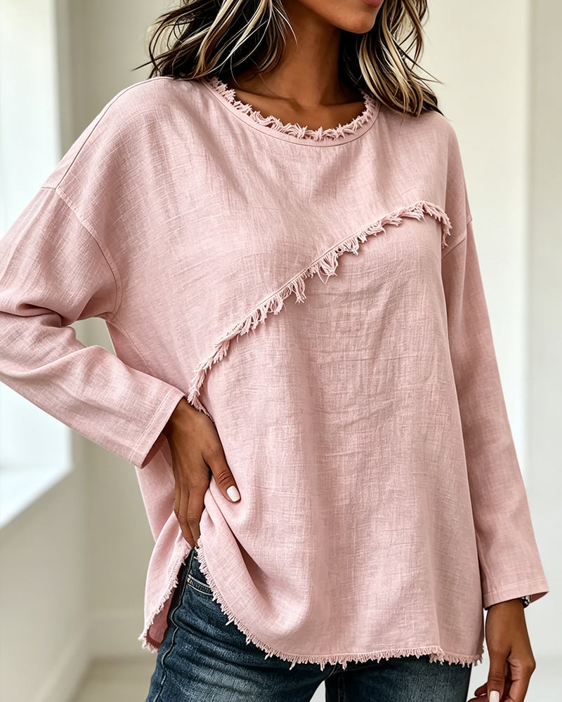 Zora - Blouse femme rose à col rond asymétrique et franges
