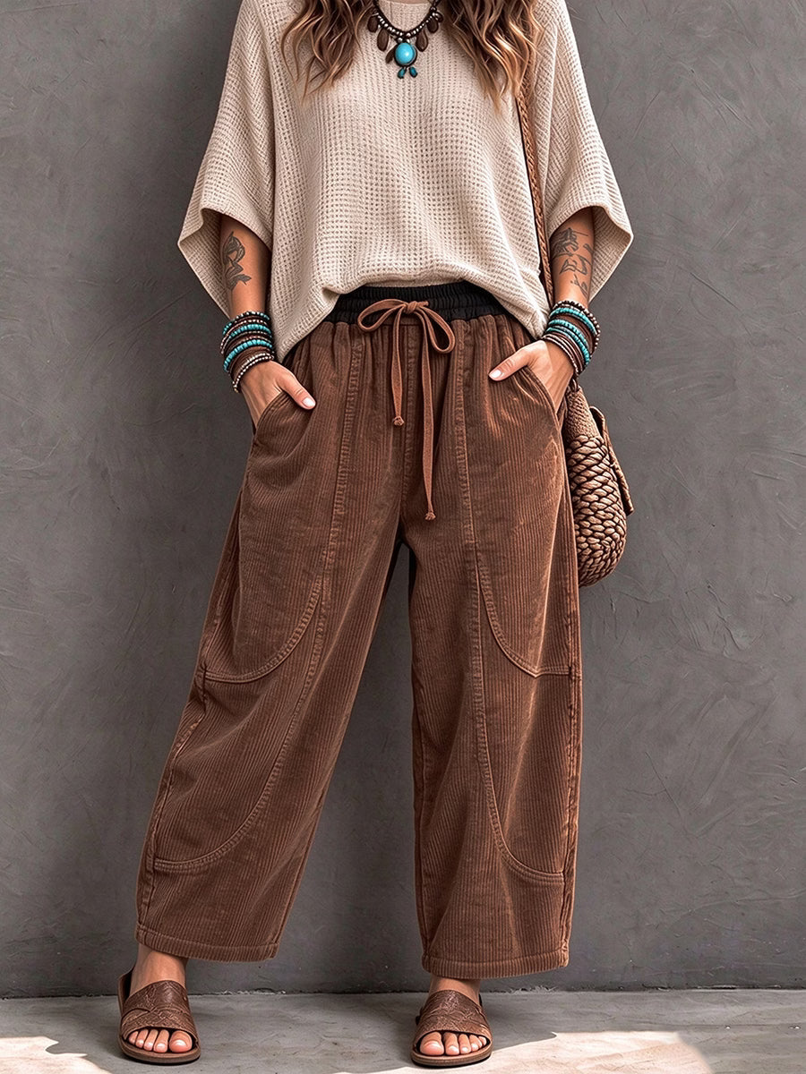 Sientje - Pantalon harem femme en velours côtelé à taille élastique
