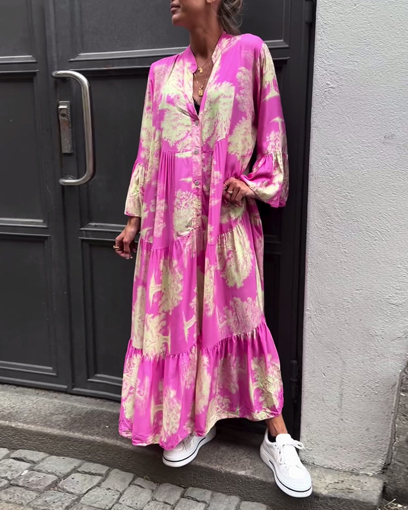 Greta™ - Robe Patchwork Ample avec Col en V et Manches Cloches Imprimées