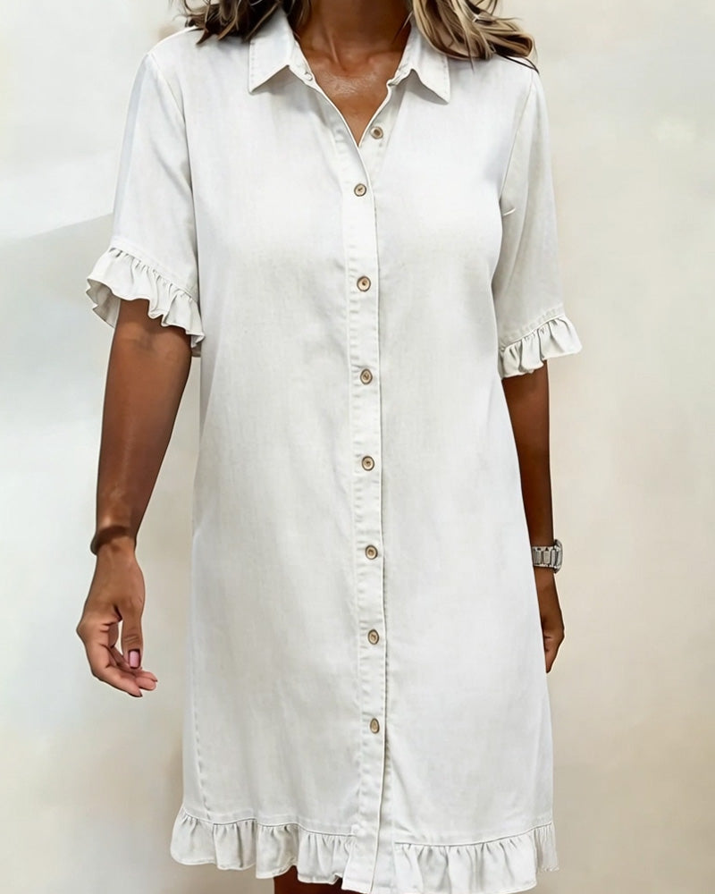 Glytha™ - Robe Femme Denim Boutonnée Manches Volants Coupe Droite Décontractée