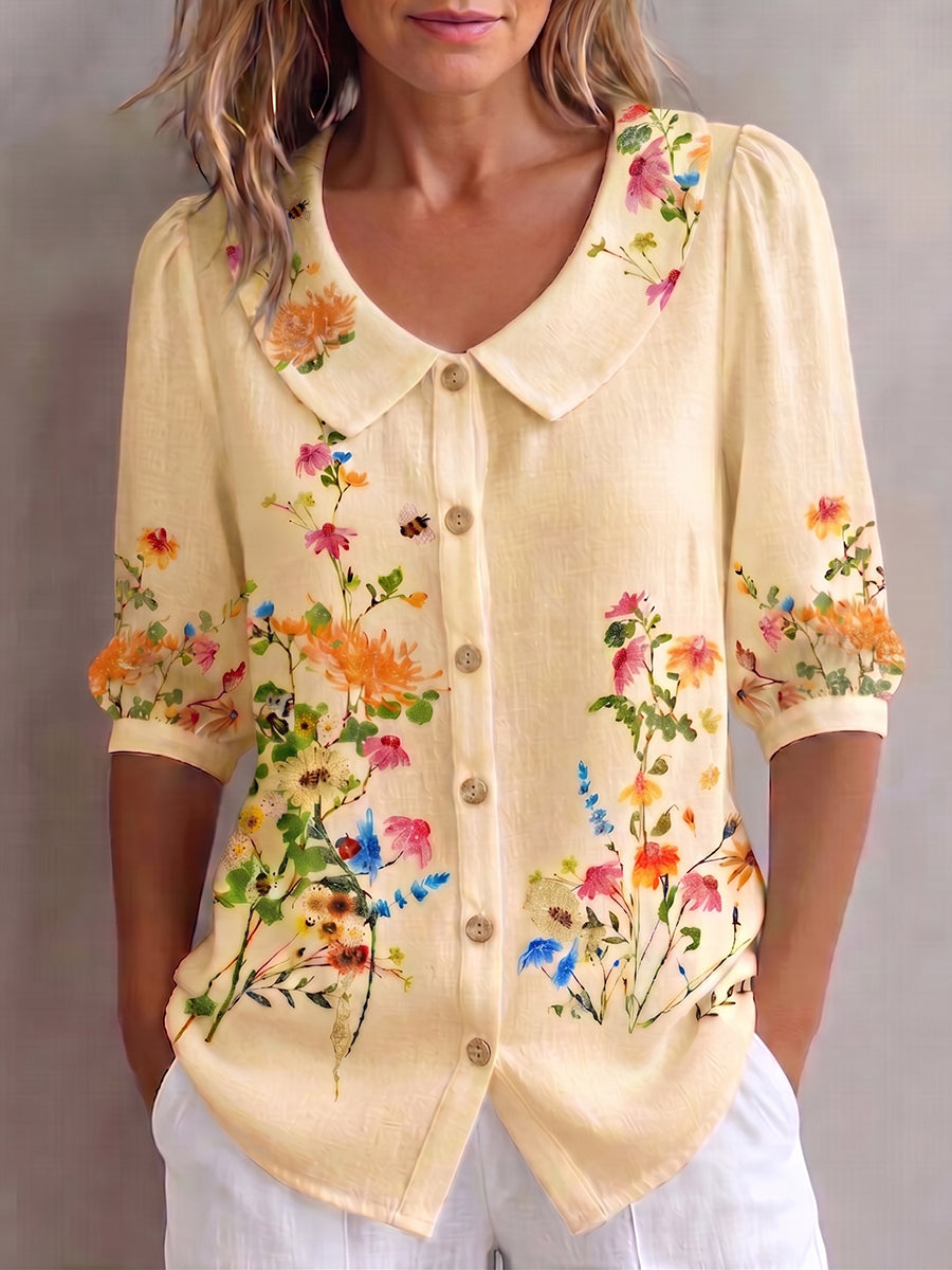 Mavessia™ - Chemise femme coton et lin imprimé floral artistique vintage