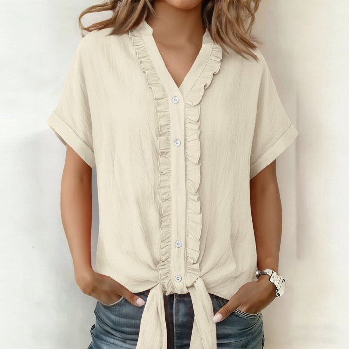 Kalyxa™ - Chemise femme coton col V manches courtes nouée été