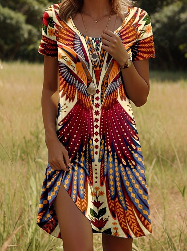 Nivara™ - Robe à Col Rond avec Imprimé Indien à Manches Courtes