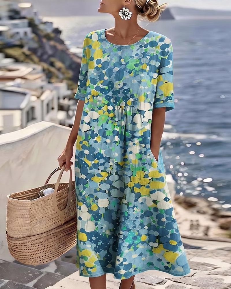 Averixa™ - Robe femme mi-longue imprimé floral abstrait coton lin été