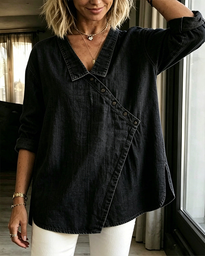 Mélusine - Blouse femme ample effet denim à boutons diagonaux