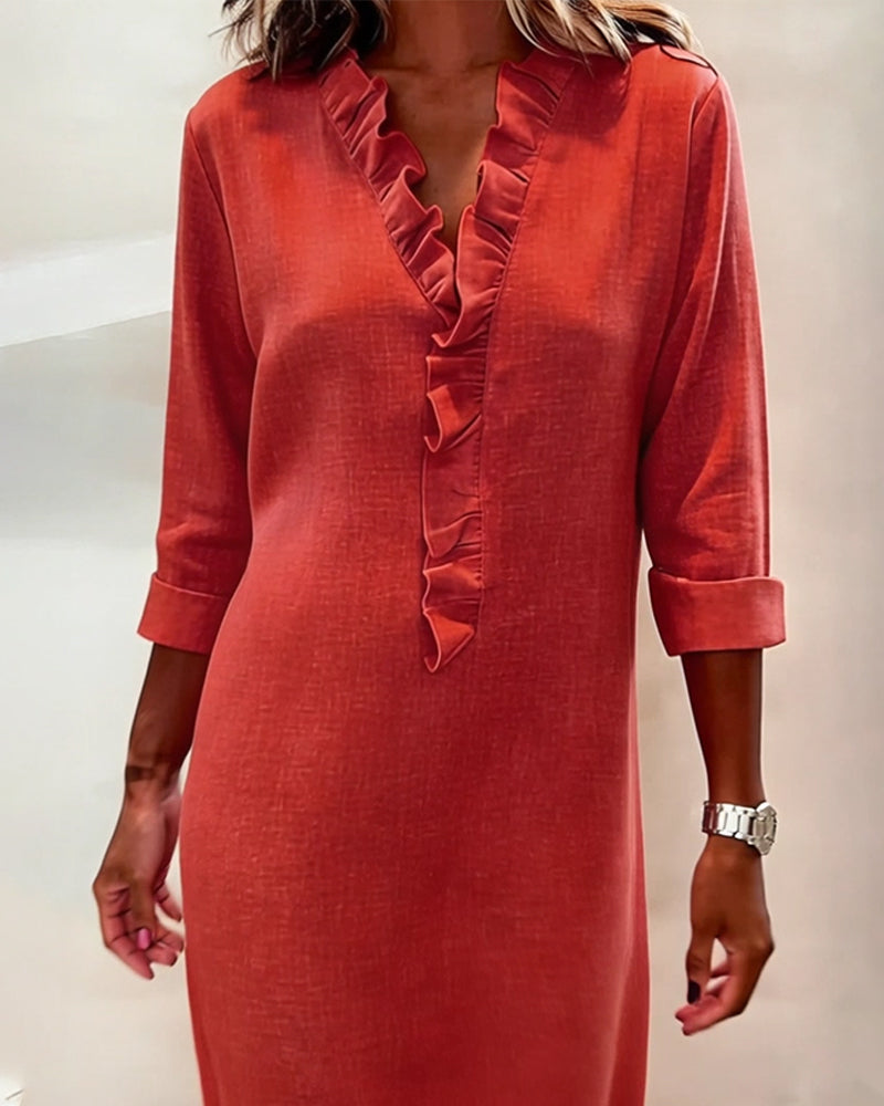 Ophivyn™ - Robe femme col V à volants coupe droite style décontracté