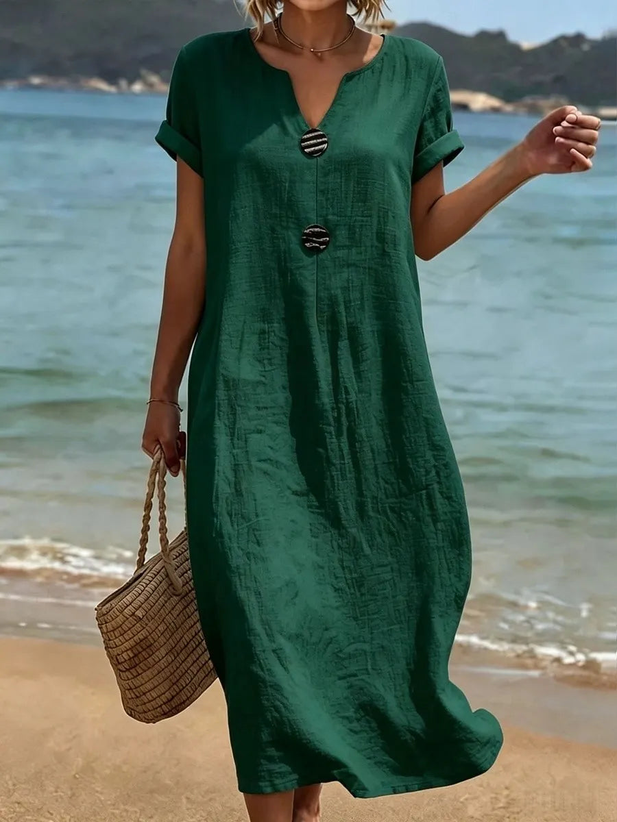 Quinora - Robe longue femme fluide unie avec boutons