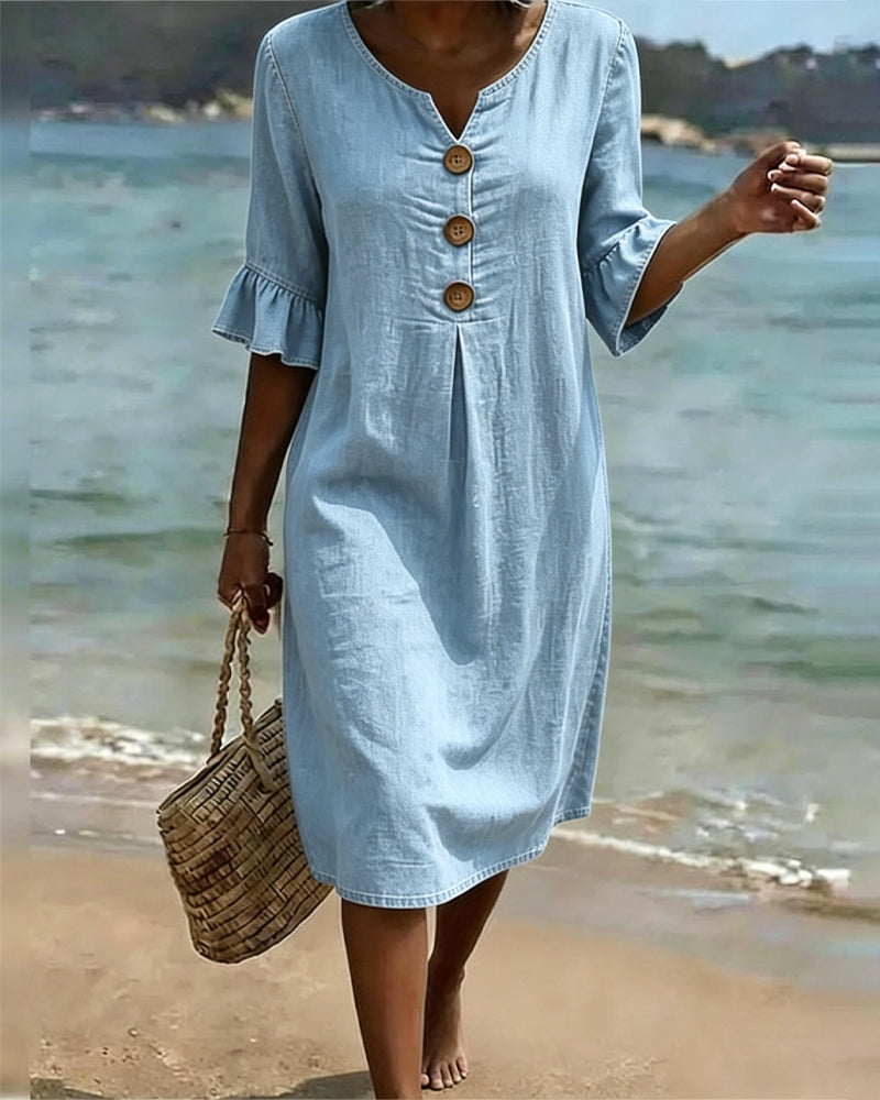 Fynorae™ - Robe femme en jean manches volants coupe fluide été plage