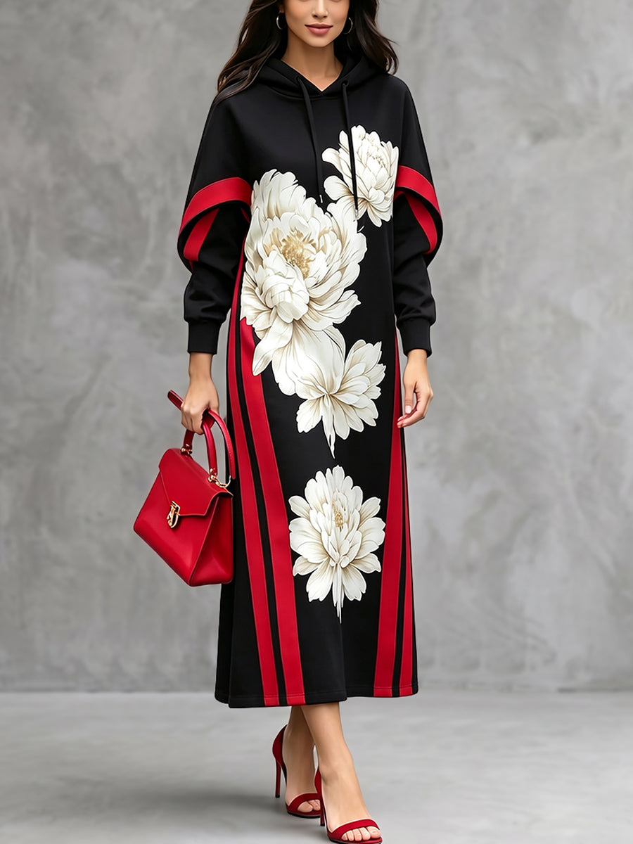 Goedele - Robe longue femme à capuche avec imprimé floral et manches longues