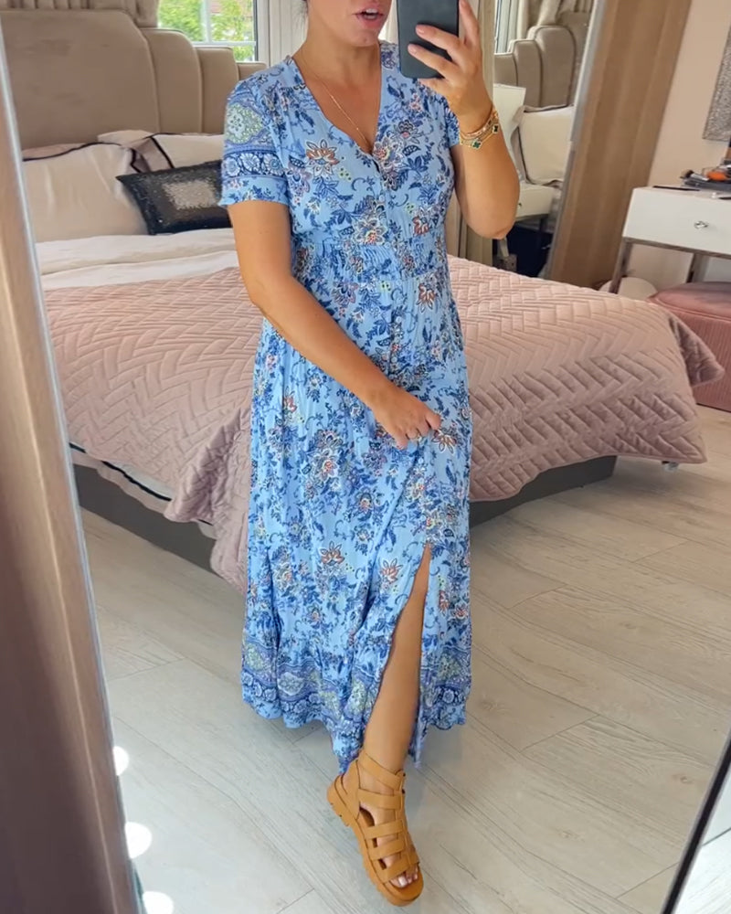 Denise™ - Robe Maxi à Imprimé Floral et Décolleté en V