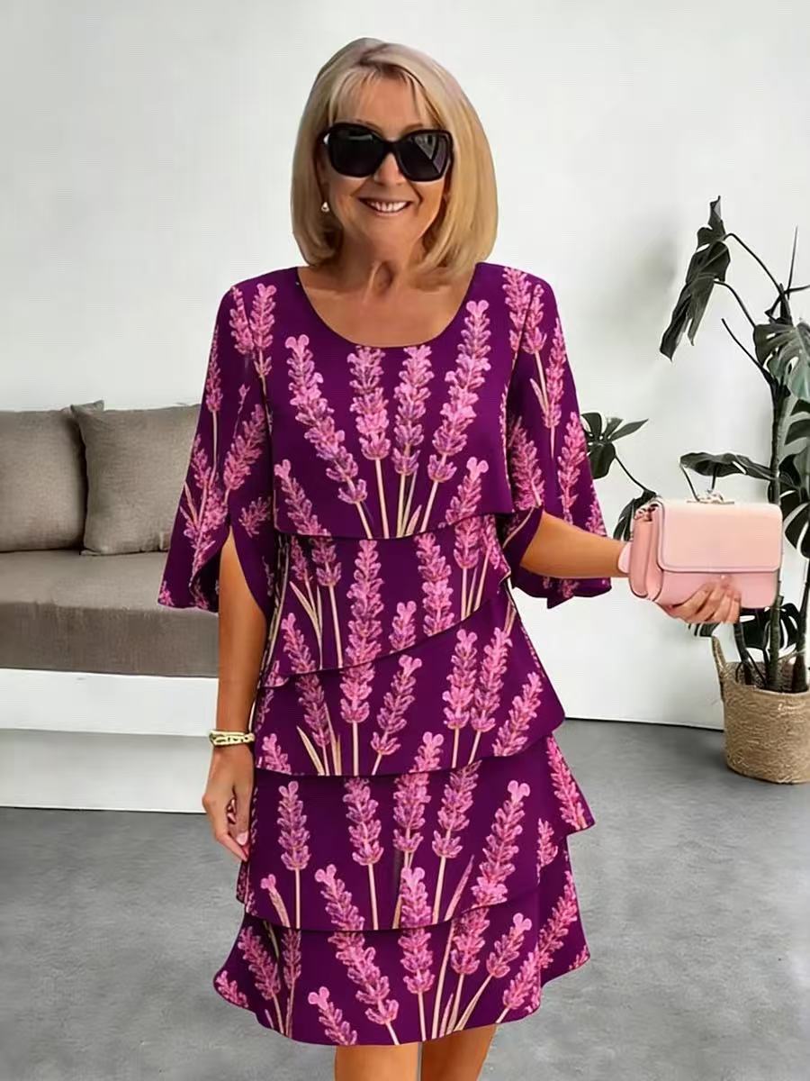 Elyvane™ - Robe femme mi-longue à volants imprimé floral manches fendues