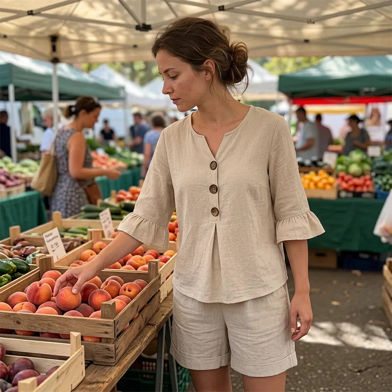 Telora - Ensemble femme en coton avec haut boutonné et short