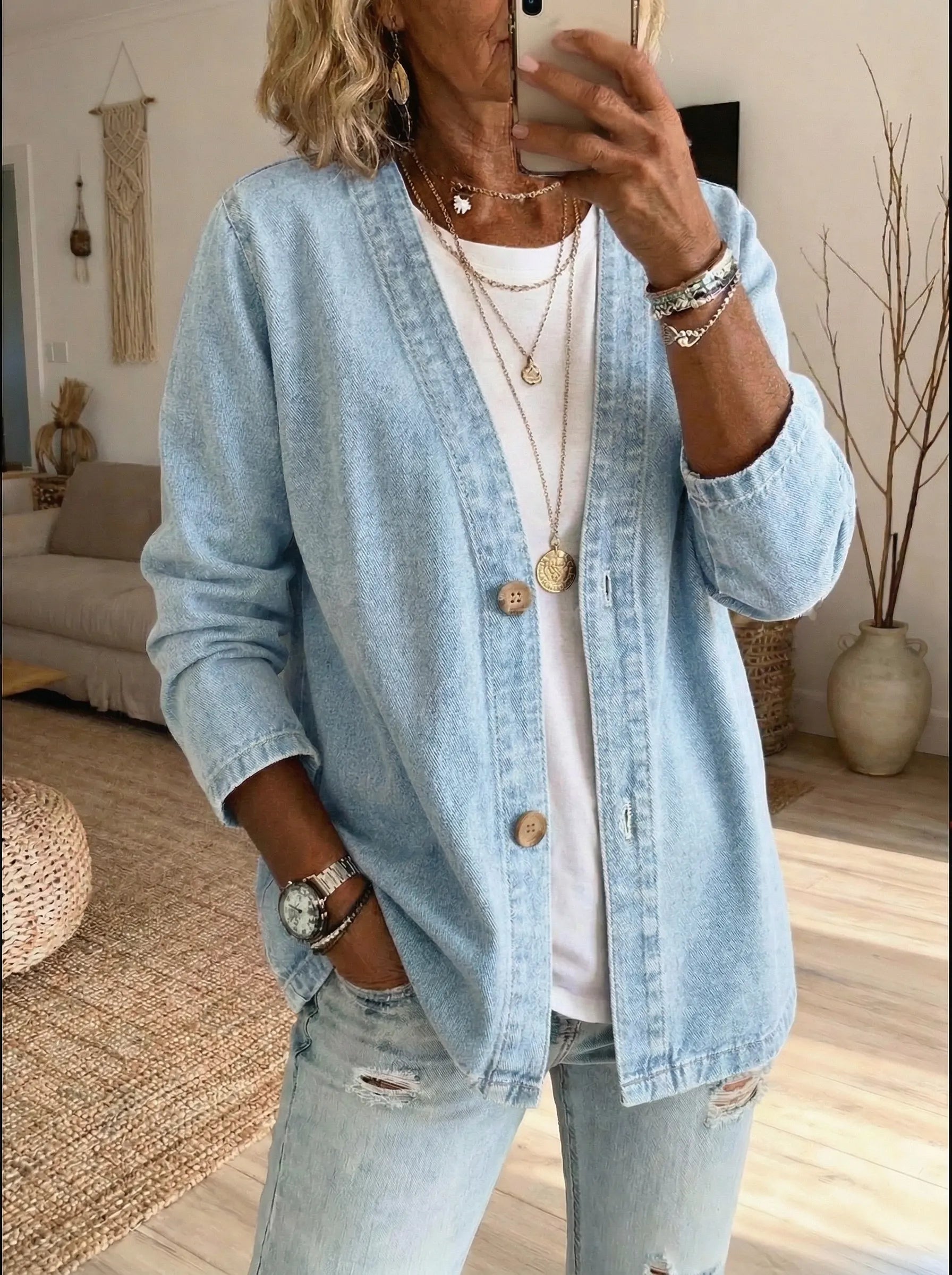 Oryxa™ - Veste Femme Denim Coupe Ample Boutonnée Style Décontracté