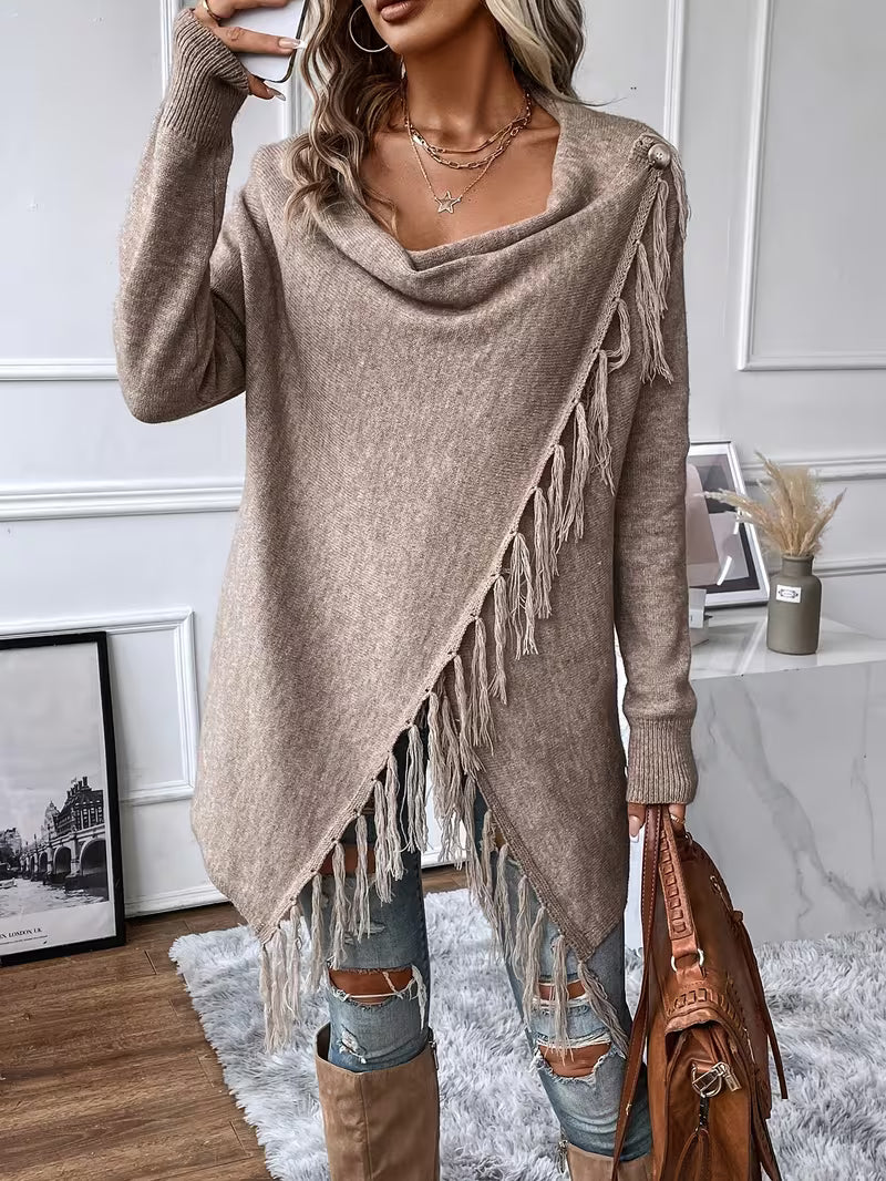 Sjoukje - Cardigan femme à col drapé asymétrique et franges décoratives