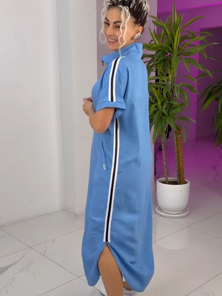 Gavrixa™ - Robe femme longue zippée col montant coupe fluide style sport chic confortable