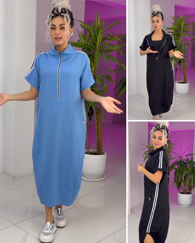 Gavrixa™ - Robe femme longue zippée col montant coupe fluide style sport chic confortable