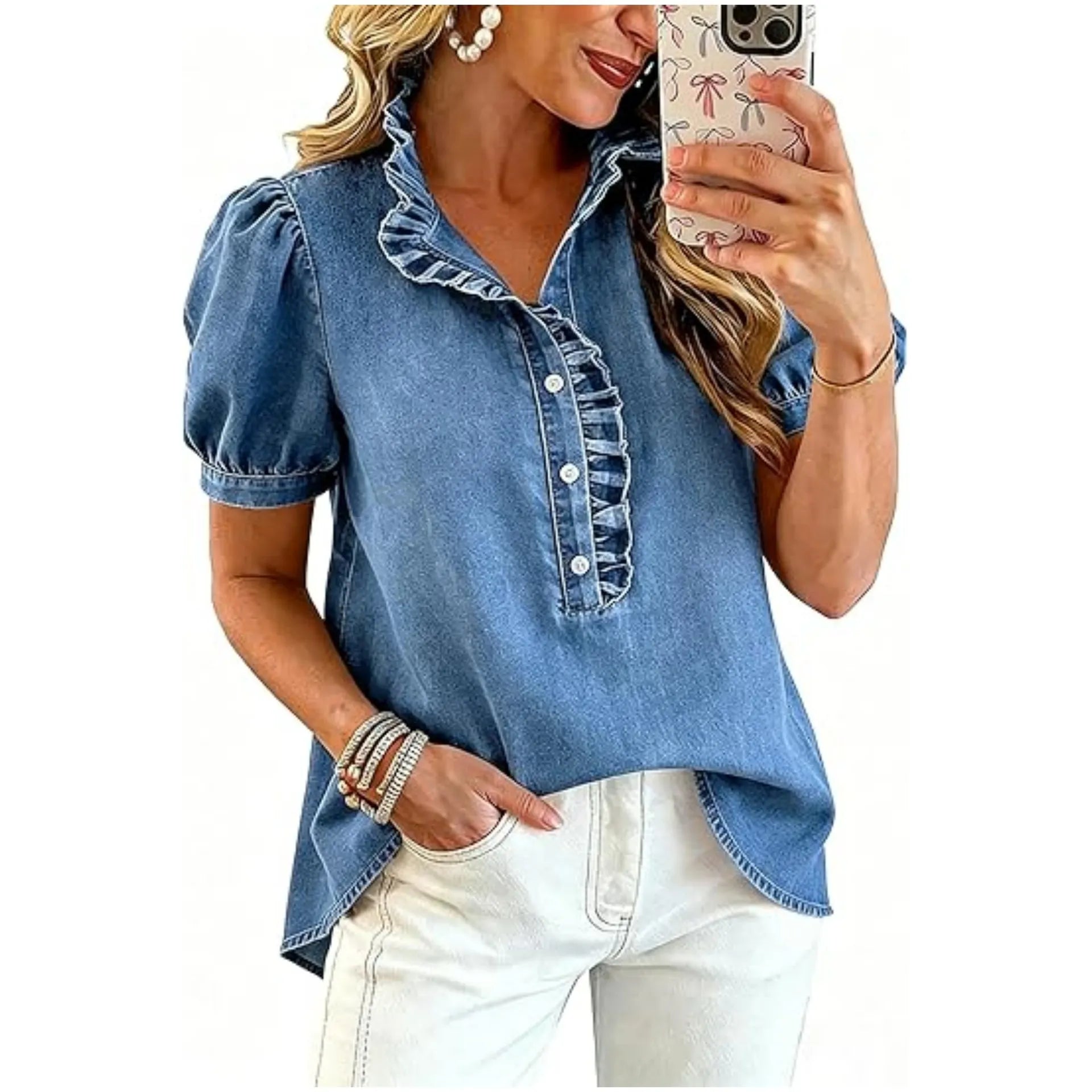 Caelith - Haut femme en denim avec col volanté