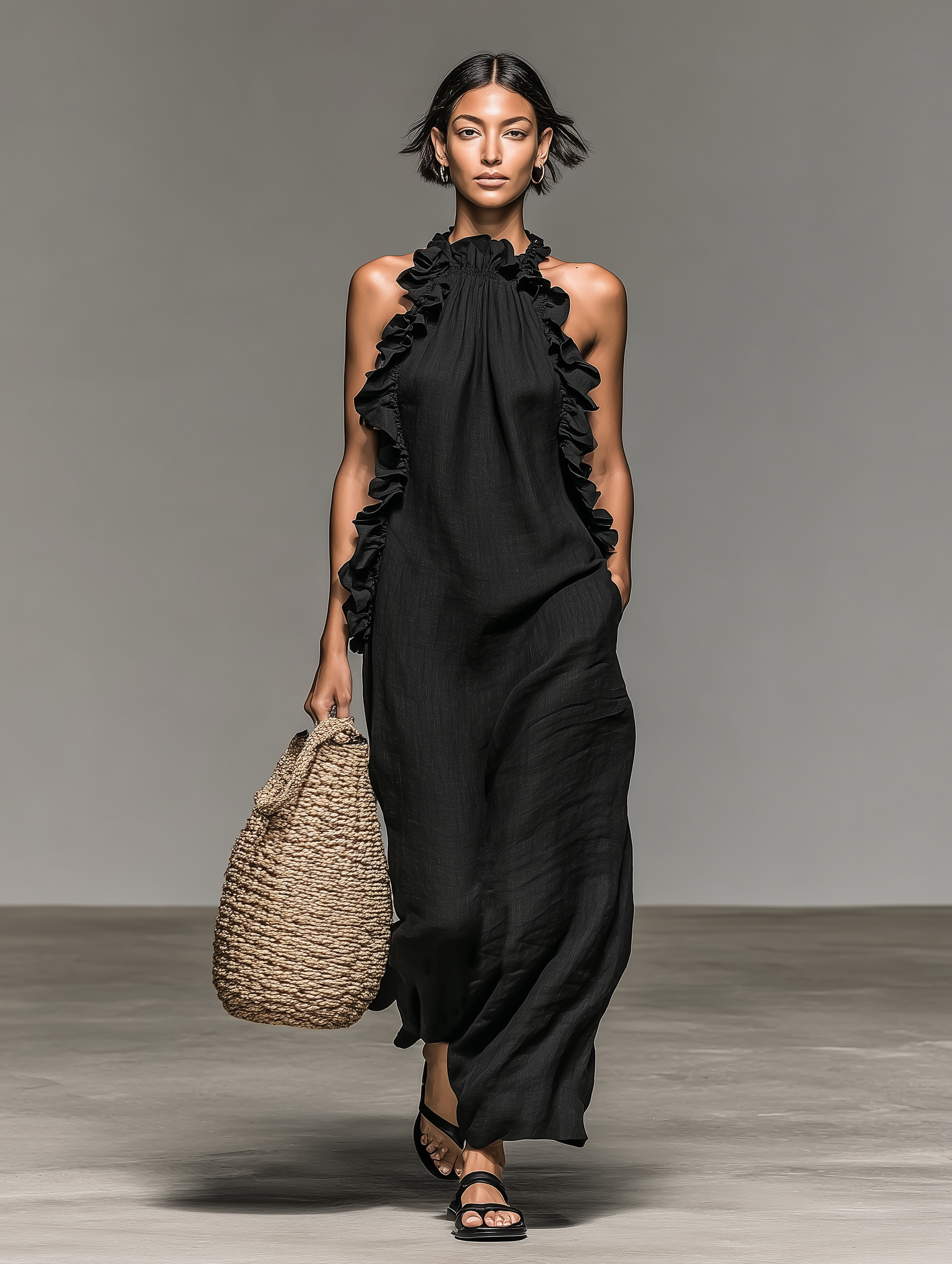 Grevina - Robe maxi femme sans manches à volants avec poches