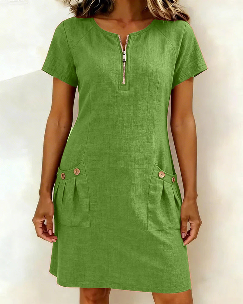 Kovira™ - Robe Courte Coton Lin avec Fermeture Éclair et Poches