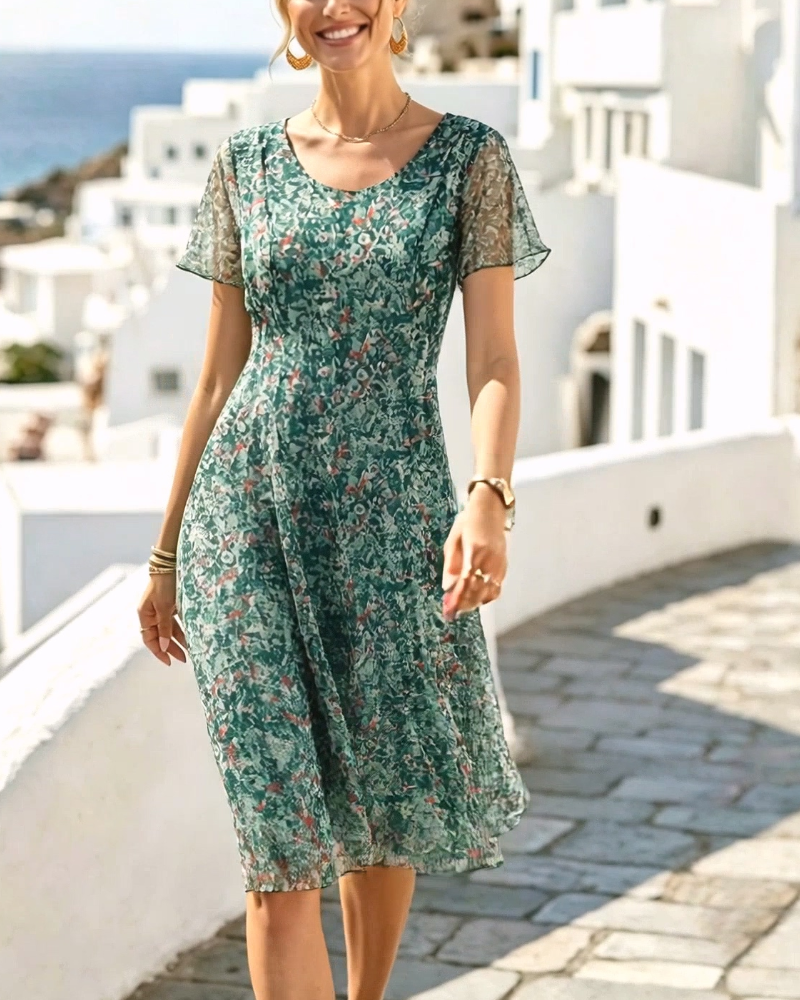 Rovena - Robe à fleurs pour femmes avec manches courtes et coupe A