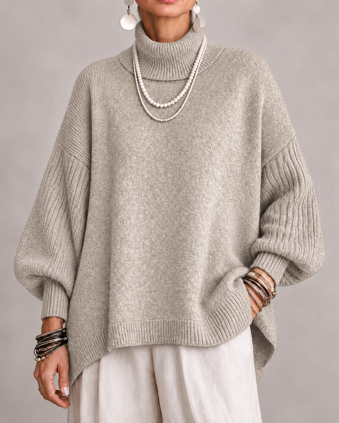 Olympe - Pull col roulé femme oversize à manches côtelées